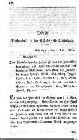 118. Sitzung, Stuttgart, 5.4.1816