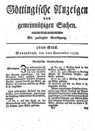 36tes Stück. Sonnabend, den 7ten September 1776.