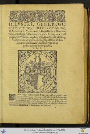 Illustri, generoso, fortissimoque heroi ac domino D. Henrico Ranzovio, regis Daniae in ducatibus Slesvici, Holsatiae & Dithmarsiae vicario & consiliario…