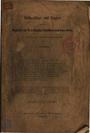 Rathschläge und Fragen an die Mitglieder von Th. v. Heuglin's Expedition nach Inner-Afrika
