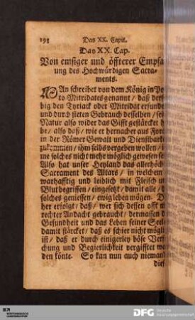 Das XX. Cap. Von emsiger und öffterer Empfahung des Hochwürdigen Sacraments.