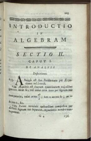 Sectio II. Caput I - XI. De Analysi. Logarithmis. Problemata indeterminata. Aeuquationum radicibus.