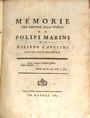 Memorie Per Servire Alla Storia De'Polipi Marini