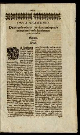 Copia Mandati, De solvendo residuo, sive supplendo pretio redempti annui census secundum tempus contractus.