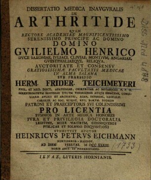 Dissertatio Medica Inavgvralis [Inauguralis] De Arthritide
