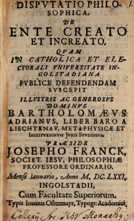Dispvtatio Philosophica, De Ente Creato Et Increato
