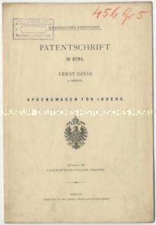 Patentschrift eines Sprengwagens für Jauche, Patent-Nr. 2791