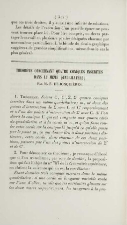Theorème concernant quatre coniques inscrites dans le mème quadrilatère.