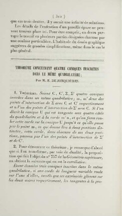 Theorème concernant quatre coniques inscrites dans le mème quadrilatère.