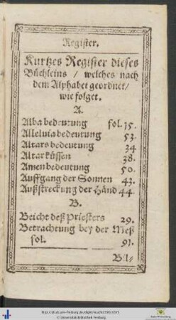 Kurtzes Register dieses Büchleins