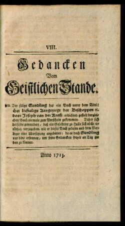 VIII. Gedancken Vom Geistlichen Stande.