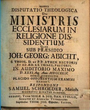 Disp. theol. de ministris ecclesiarum in religione dissidentium