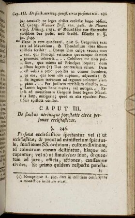Caput III. De finibus utriusque potestatis, circa personas ecclesiaticas.