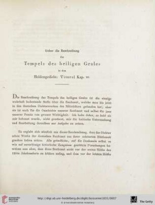 Ueber die Beschreibung des Tempels des heiligen Grales in dem Heldengedicht: Titurel Kap. III