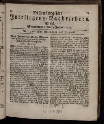 Sonnabends: den 14. Jenner, 1775.