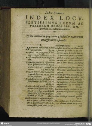 Index Locupletissimus Rerum Ac Verborum Memorabilium, quae hoc in Tractatu continentur