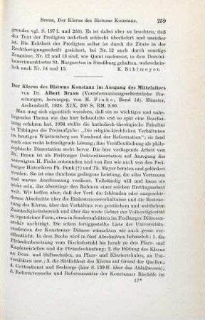 259-260 [Rezension] Braun, Albert, Der Klerus des Bistums Konstanz im Ausgang des Mittelalters