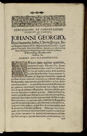 Serenisimo Et Potentissimo Principi Ac Domino, [...] Johanni Georgio, Duci Saxoniæ, Juliæ, Cliviæ, Bergæ, [...]