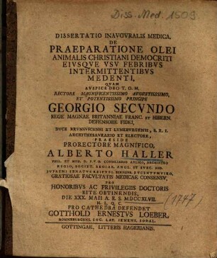 Dissertatio Inavgvralis Medica, De Praeparatione Olei Animalis Christiani Democriti Eivsqve Vsv Febribvs Intermittentibvs Medenti