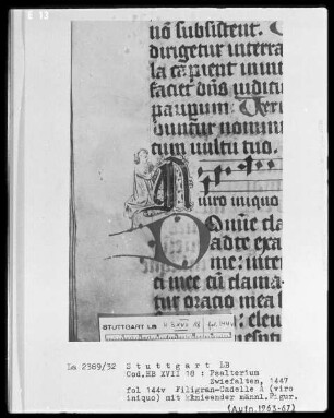 Psalterium — Initiale A (viro) mit kniender männlicher Figur, Folio 144verso