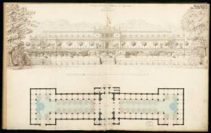 Orangerie mit Speisesaal Monatskonkurrenz Januar 1877: Grundriss Erdgeschoss, Aufriss Parkansicht; Maßstabsleiste