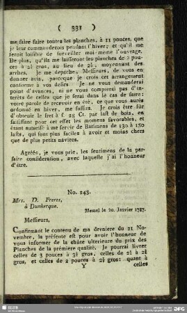 No. 243. Mrs. D. Freres, à Dunkerque. Memel le 20. Janvier 1787
