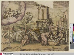 [Un jeune homme avertissant une femme affligée, et lui montrant un jeune enfant exposé au haut d'une tour; Omen über die zukünftige Herrlichkeit des Augustus]