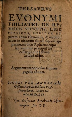 Thesaurus Euonymi Philiatri de remediis secretis