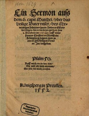 Ein Sermon a. d. 6 Kap. Matthei über das hl. V. U.