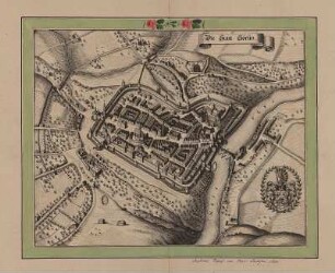 Vogelschaubild der Stadt Görlitz, Kupferstich, um 1650 : Die Statt Görlitz / [Stecher und Hrsg.: Matthäus Merian d. Ältere]. - [Frankfurt] : [Matthäus Merian d. Ä.] , [ca. 1650]. - 1 Vogelschaubild : Kupferst. , 36 x 28 cm