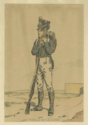 Stab Kaiser Napoleon I.: Gardeschütze in Uniform, Mütze und Feldausrüstung, stehend auf Muskete gestützt, Vorderansicht in Halbprofil
