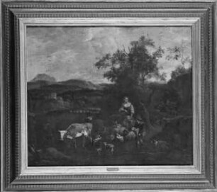 Hirtenfamilie mit Herde in Gebirgslandschaft