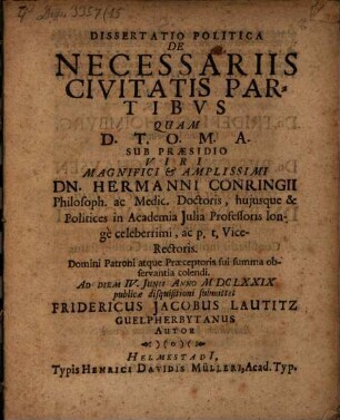 Dissertatio Politica De Necessariis Civitatis Partibus