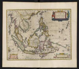 Karte von Südostasien, ca. 1:11 100 000, kolorierter Kupferstich, 1645 : Indiae Orientales Nova Descriptio / Ioannes Ianssonius excudebat. - [Ca. 1:11.100.000]. - Amsterdam : Ioannes Ianssonius, [1645]. - 1 Kt : Kupferst ; 37 x 48 cm. - Maßstab in graph. Form (Hispanicae leucae, Miliaria Germanica)