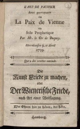 L' Art De Pacifier Avec prevoyance ou La Paix de Vienne en Stile Prophetique