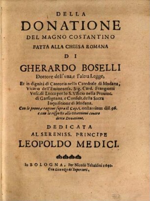 Della donatione del Magno Costantino fatta alla Chiesa romana