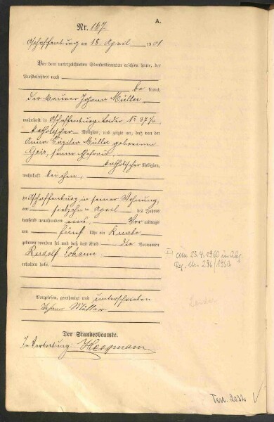 Standesamtsbuch der Stadt Aschaffenburg: Geburten 365/1900 - 184/1901
