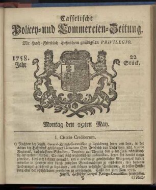 22. Stueck, Montag den 29ten May 1758