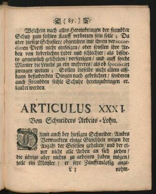 Articulus XXXI. Von Schneiders Arbeits-Lohn.