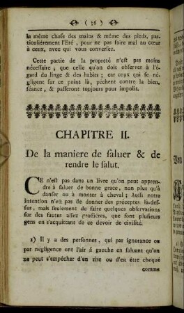 Chapitre II. De la maniere de saluer & de rendre le salut. = Zweytes Kapitel. Von der Art zu grüßen und zu danken.