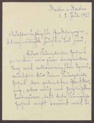 Schreiben von Emilie Göler an die Großherzogin Luise; Unfall der Großherzogin