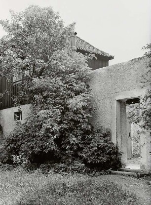 Wohnstallhaus und Mauer mit Pforte zum Hof. Ansicht aus dem parkähnlichen Garten