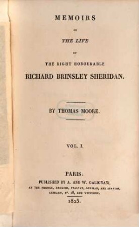 Memoirs of the life of the right honorouble Richard Brimsley Sheridan. Vol. 1 (1825)