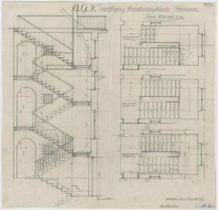 Fischer, Theodor; München; Bayerische Geschützwerke - Erweiterung Verwaltungsgebäude - Treppe (Grundrisse, Schnitt)
