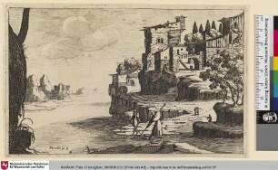 [Landschaft mit Stadt an einem Fluss mit Fischern]