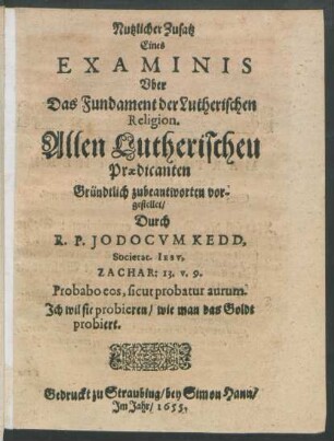 Nutzlicher Zusatz Eines Examinis Uber Das Fundament der Lutherischen Religion.