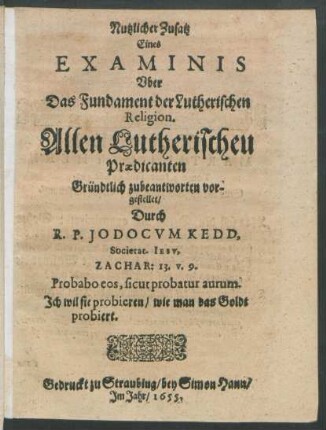 Nutzlicher Zusatz Eines Examinis Uber Das Fundament der Lutherischen Religion.