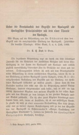 412-419 Ueber die Vereinbarkeit des Begriffs der Apologetik als theologischer Principienlehre mit dem einer Theorie der Apologie