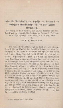 412-419 Ueber die Vereinbarkeit des Begriffs der Apologetik als theologischer Principienlehre mit dem einer Theorie der Apologie