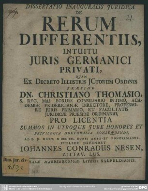 Dissertatio Inauguralis Juridica De Rerum Differentiis, Intuitu Juris Germanici Privati